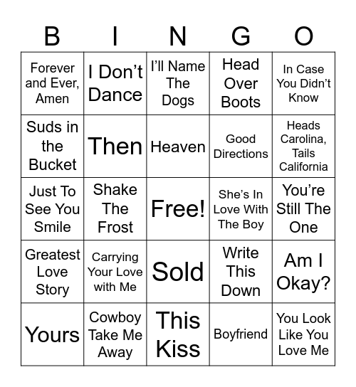 Country Love Songs Bingo Card