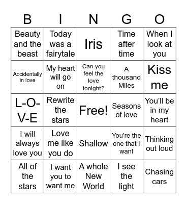 Movie Love Songs Bingo Card