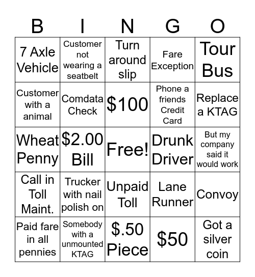 TOLL COLLECTOR BINGO Card
