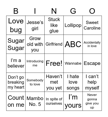 Silly Songs Bingo Card
