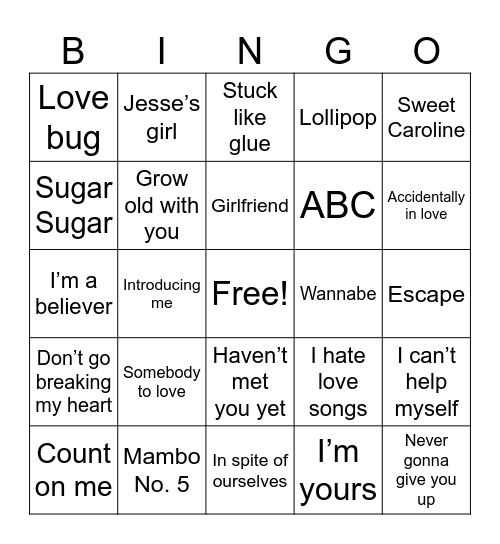 Silly Songs Bingo Card