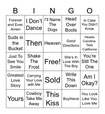 Country Love Songs Bingo Card