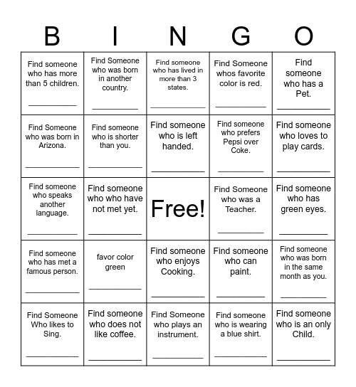 Find Someone Who Bingo Card