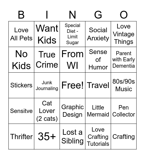 PenPal Bingo Card