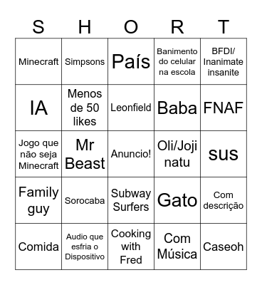 Shorts viniger Bingo Card