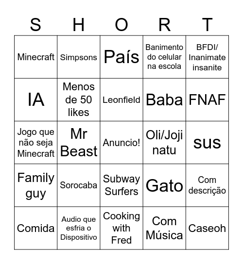 Shorts viniger Bingo Card