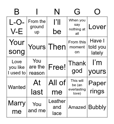 Wedding Songs Bingo Card