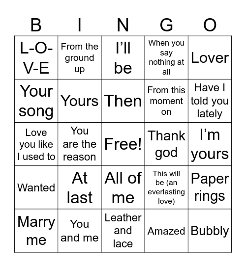 Wedding Songs Bingo Card