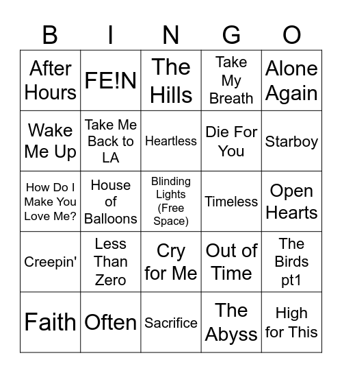 The Weeknd Set List Bingo Card