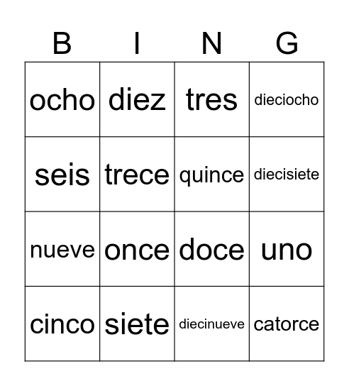 los números Bingo Card