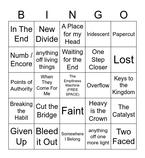 Linkin Park Setlist Bingo Card