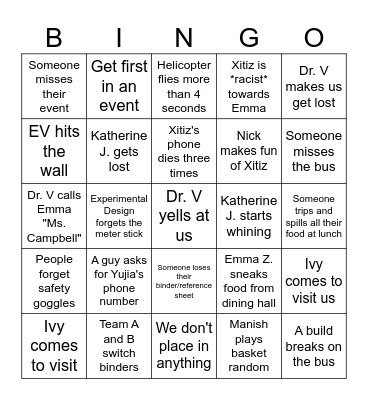 Scioly Amherst Bingo Card
