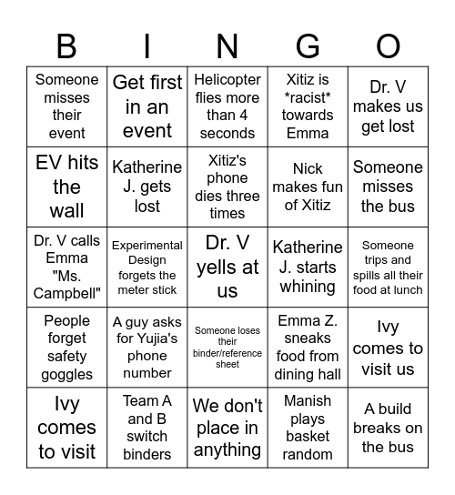 Scioly Amherst Bingo Card