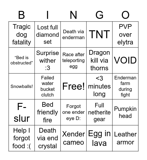 TBD Ender Dragon Fight Bingo Card
