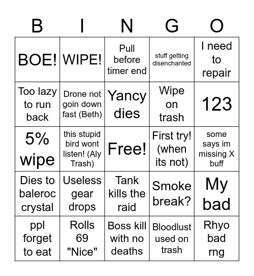 World Of Warcraft Raid Bingo Card