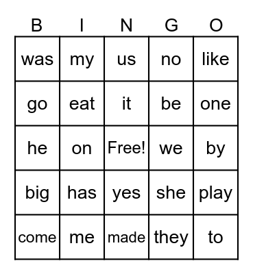 Sight Words and High Frequency Words Bingo Card