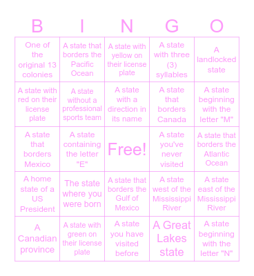 License Plate Bingo Card