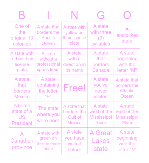 License Plate Bingo Card