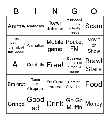 YouTube Shorts Ads Bingo Card