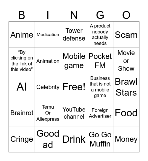 YouTube Shorts Ads Bingo Card