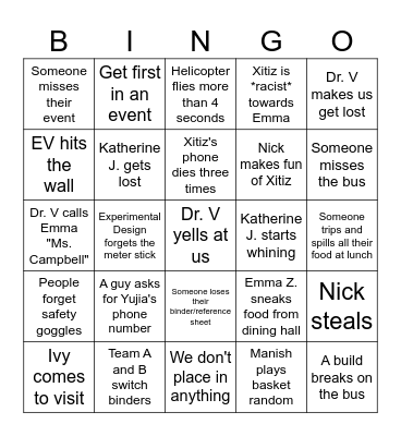 Scioly Amherst Bingo Card