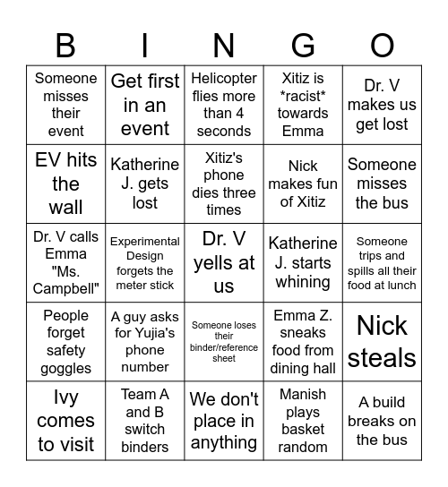 Scioly Amherst Bingo Card
