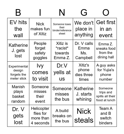 Scioly Bingo Card