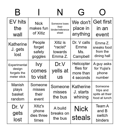 Scioly Bingo Card