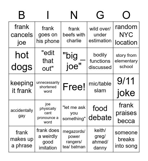 Basement Yard Bingo Card