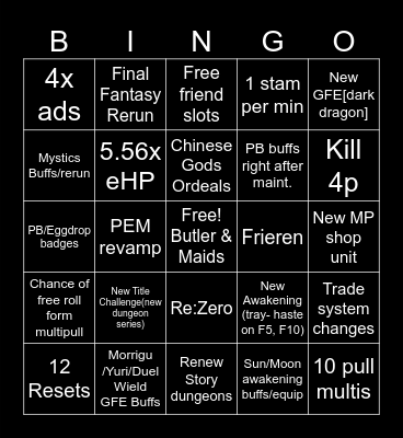 13th anni JP stream Bingo Card