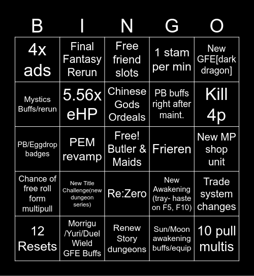 13th anni JP stream Bingo Card