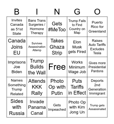 Trumps 2025 Presidency Bingo Card