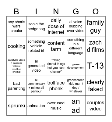 youtube shorts bingo Card