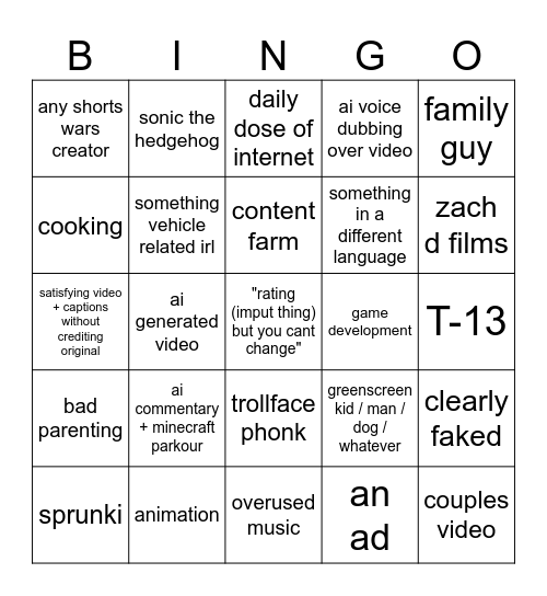youtube shorts bingo Card