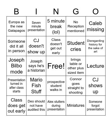Intro To Art Department Final Bingo Card