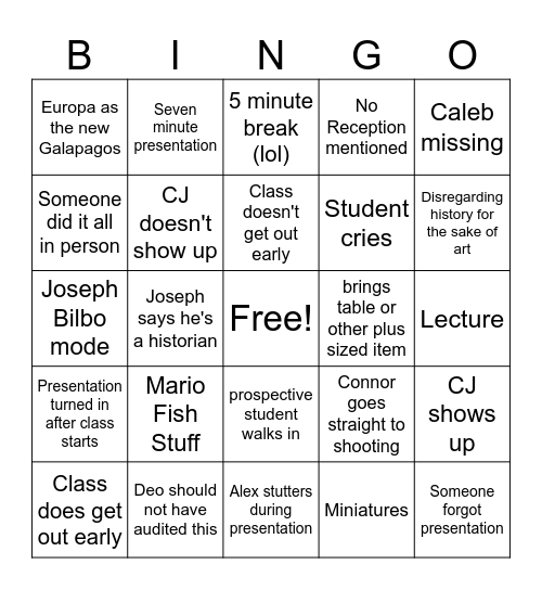 Intro To Art Department Final Bingo Card