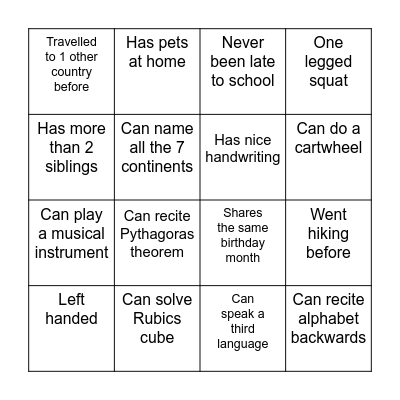 GET TO KNOW ME BINGO! Bingo Card