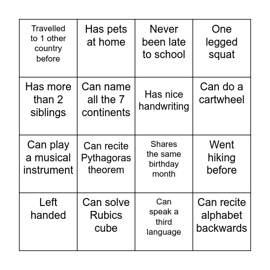 GET TO KNOW ME BINGO! Bingo Card
