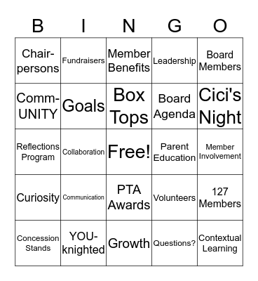 2016-2017 AC New PTA Bingo Card