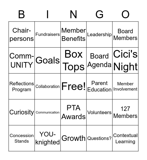 2016-2017 AC New PTA Bingo Card