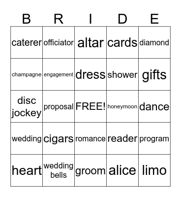Diana's Bridal Shower Bingo Card