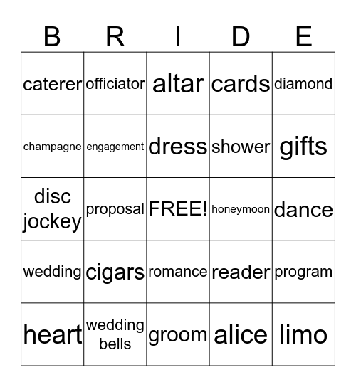Diana's Bridal Shower Bingo Card
