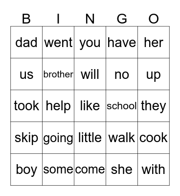 Sight Words Bingo Card