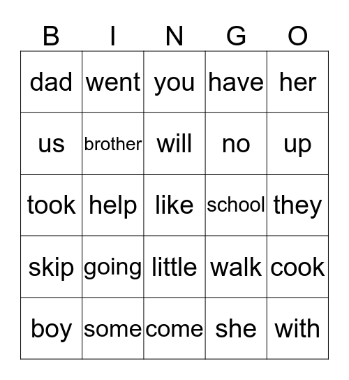 Sight Words Bingo Card