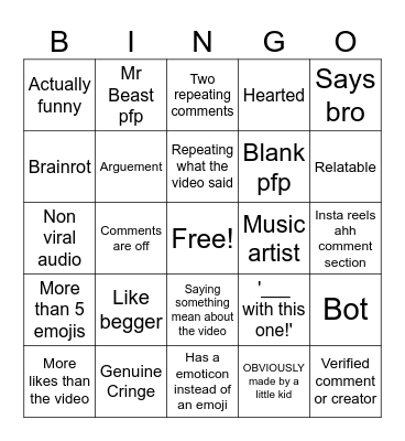 YT Shorts bingo Card