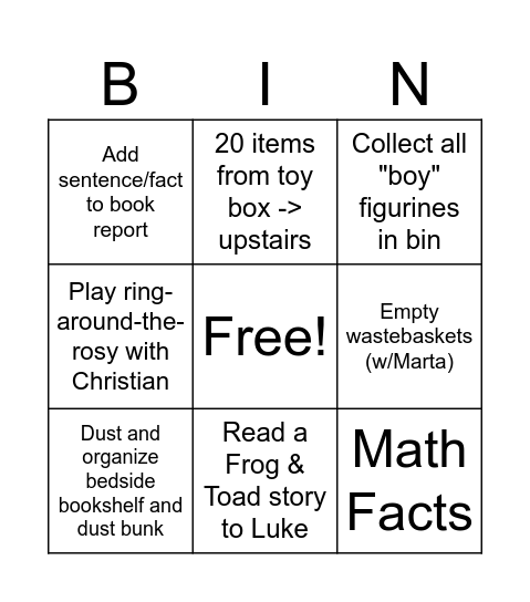 Adam Bingo Card