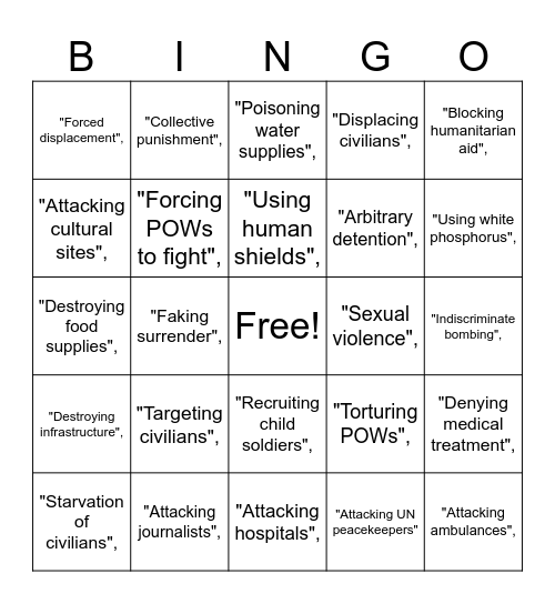 Geneva Convention Bingo Card