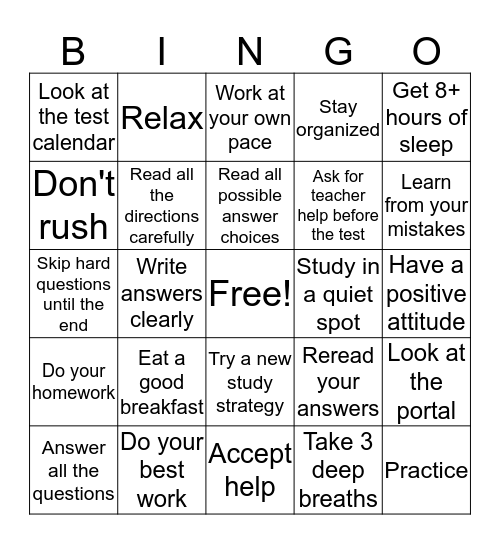 Study Skills/Test Taking Bingo! Bingo Card