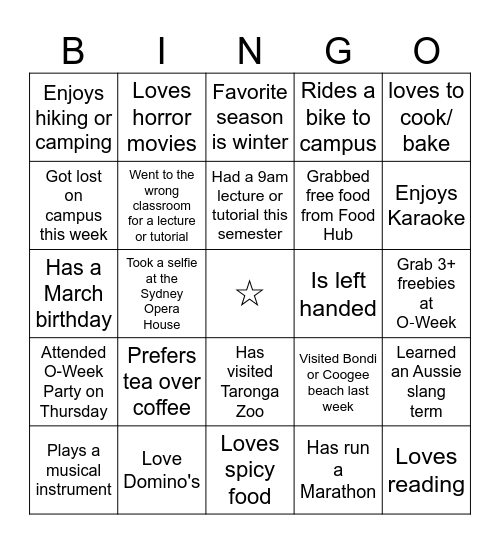 Speed Friending Bingo Card