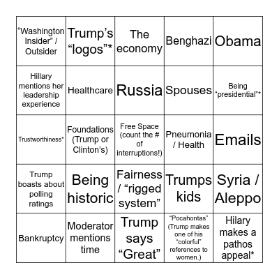 Presidential Debate Bingo Card